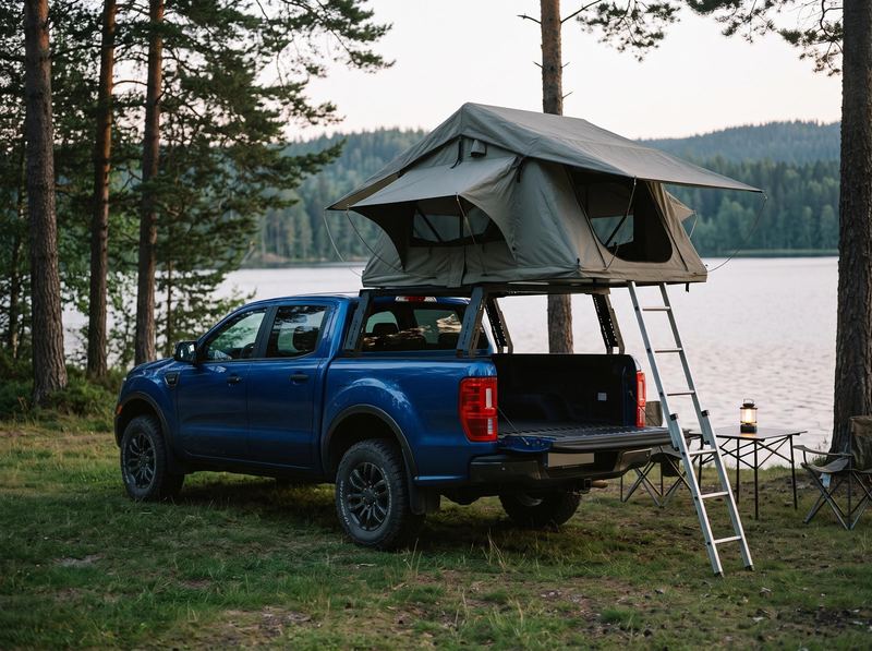 Blue Ford Ranger double cab with the bed rack carrying a rooftop tent by a lake