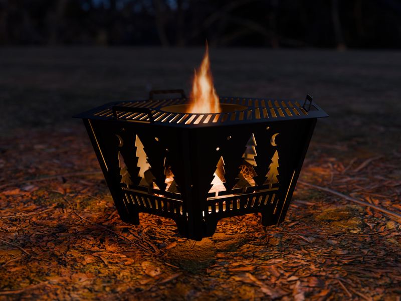 Hexagon steel fire pit with glowing pine tree cut-outs at night on a forest floor