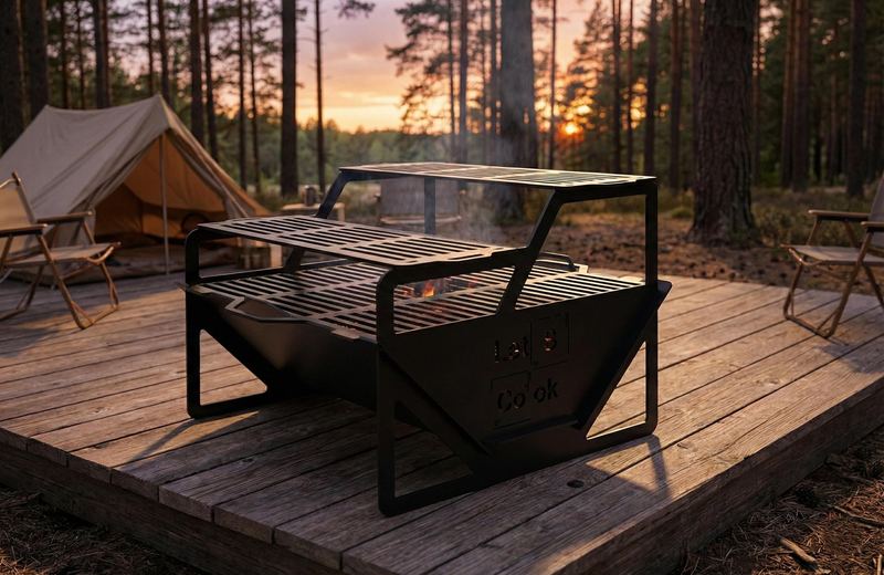 Black flat-pack steel fire pit with grill grates on a wooden deck at a campsite